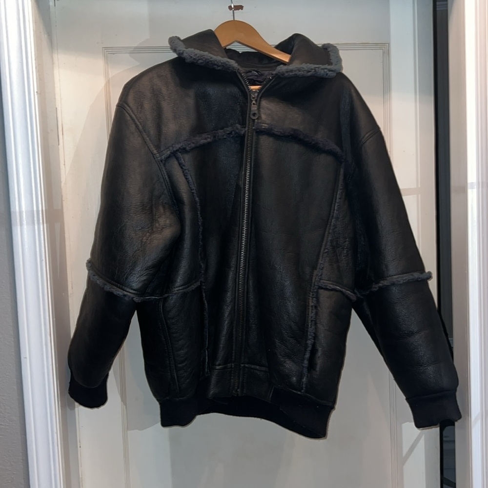 Vintage BLACK REAL 100% SHEEPSKIN SHEARLING LEATHER BOMBER B3 PILOT Coat Jacket